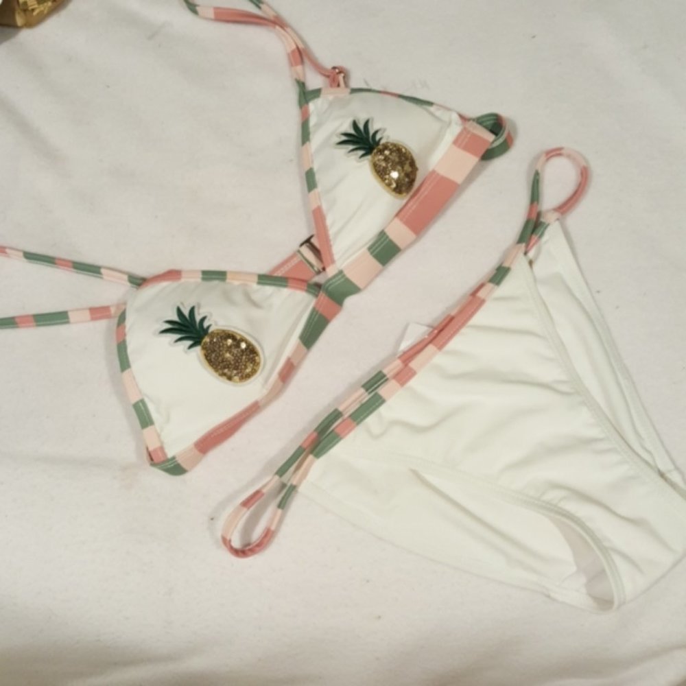 NWOT Kensie Pineapple Sequin Triangle Bikini Top And Bottom Set Sz L
